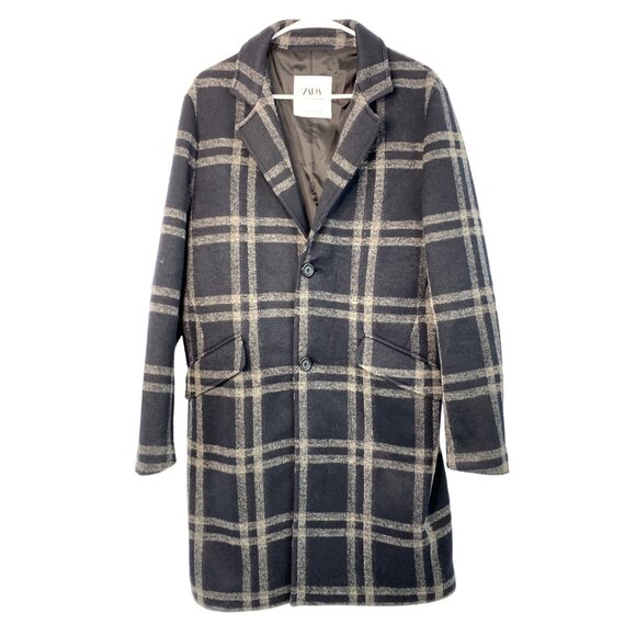 Zara Men's Plaid Coat M 40 Black Polyester Turkey Button 7402 EUC
